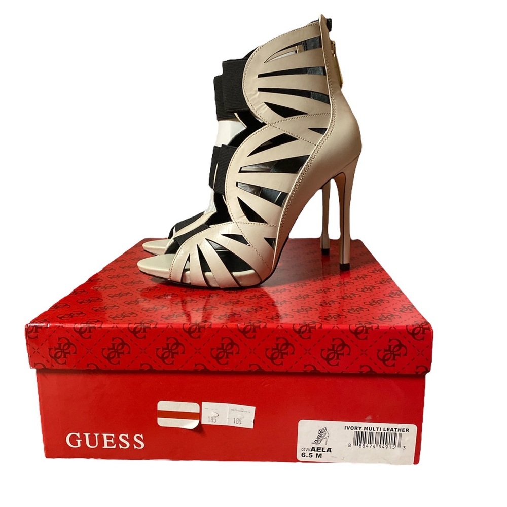 Guess Aela Gladiator High Heels Stiletto Cut Out Peep Toe Bootie Ivory Women 6.5